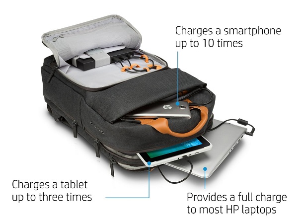 Obrovsk kapacita batérie v batohu HP Powerup Backpack umožňuje viacnásobné dobíjanie smartfónu či tabletu, alebo jedno plné nabitie batérie HP notebooku