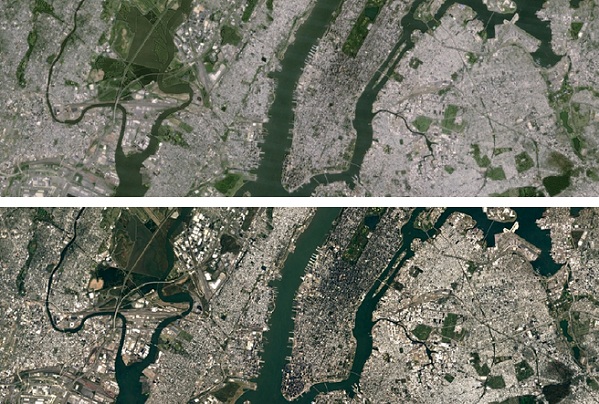 Porovnanie kvality satelitných snímok. Horná snímka je pôvodná, nasnímaná satelitom Lands 7. Dolná snímka ukazuje aktualizovaný záber odfotený satelitom Lands 8