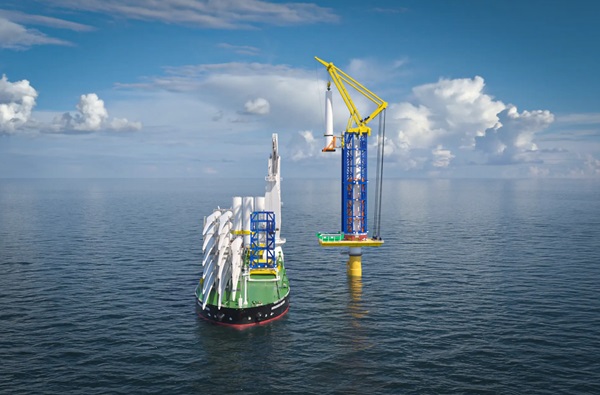 Vizualizácia systému samomontážneho žeriavu WindSpider pre výstavbu veterných turbín na mori.