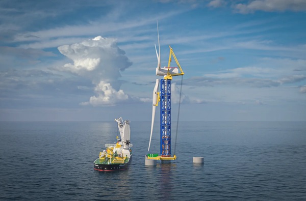Vizualizácia systému samomontážneho žeriavu WindSpider pre výstavbu veterných turbín na mori.