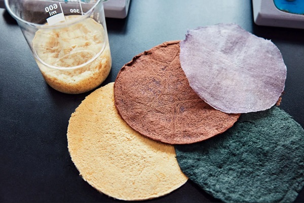 Vzorky materiálu reProLeather spolu s fľašou celulózových vlákien získaných z kože (vľavo hore).