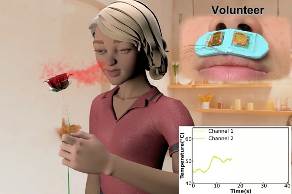 Avatar na obrazovke cíti vôňu ruže, zatiaľ čo dva generátory pachov vytvárajú vôňu pod nosom používateľa.