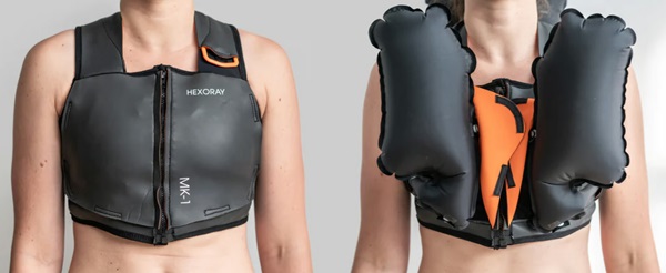 Nízkoprofilová plavecká záchranná vesta s airbagmi Hexoray SwimVest.