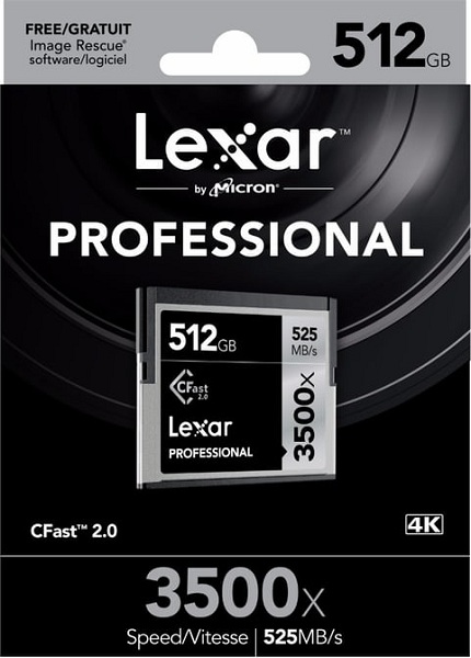 Pamäťová karta Lexar 512GB Professional 3500X CFast 2.0 zapisuje dáta rýchlosťou až 445Mbps a má prenosovú rýchlosť 525 Mbps