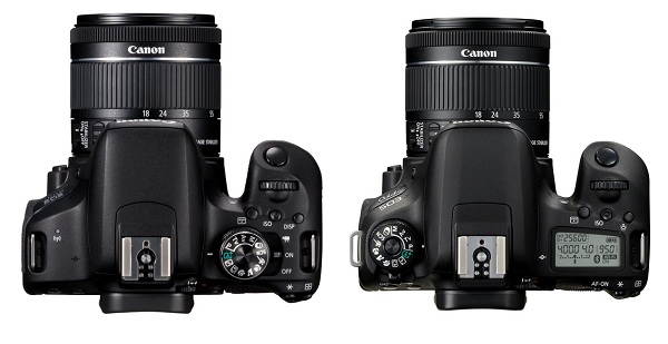 Fotoaparát Canon EOS 77D (vpravo) dostal navyše LCD displej, ktorý zobrazuje základné nastavenia