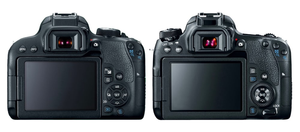 DSLR fotoaparáty Canon EOS 800D (vľavo) a Canon EOS 77D (vpravo) sa od seba líšia najmä množstvom fyzických tlačidiel