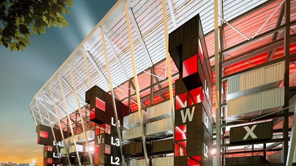 Modulárny štadión Ras Abu Aboud ako primárne stavebné bloky využíva prepravné kontajnery.