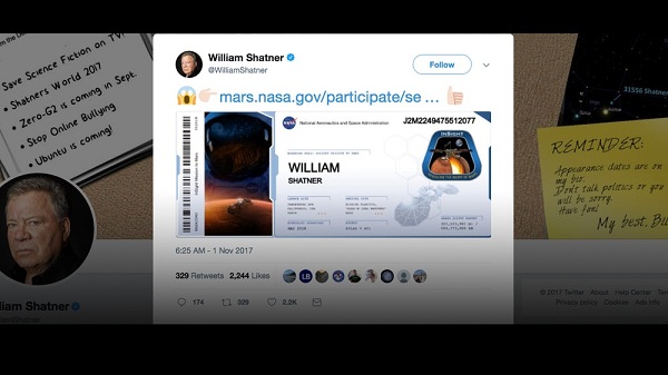 Aj herec William Shatner nedávno zdieľaľ svoju "palubnú vstupenku" pre vesmírnu misiu InSight.